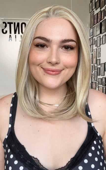 buttery blonde, long bob length, petite synthetic wig, australia.
