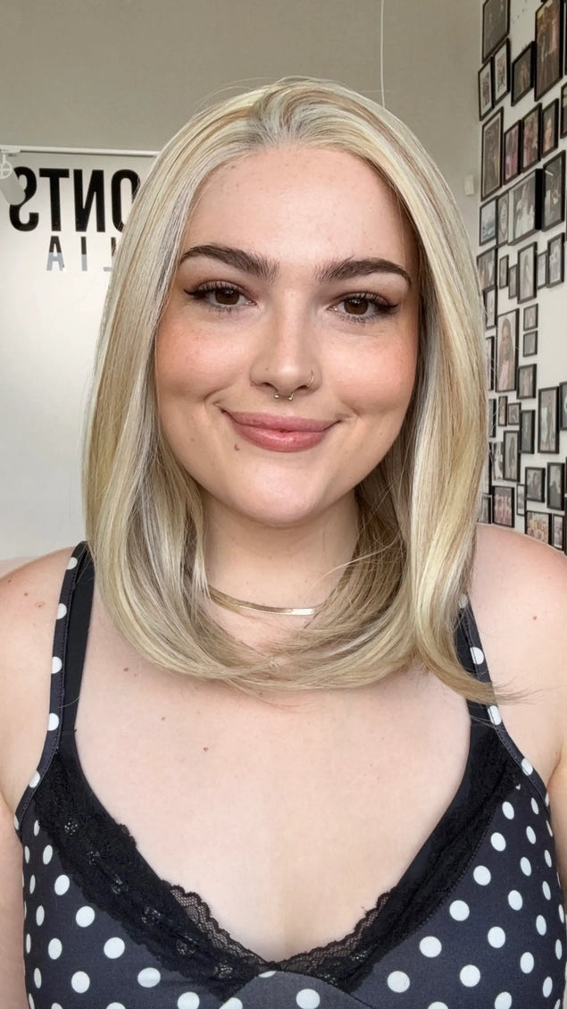 buttery blonde, long bob length, petite synthetic wig, australia.