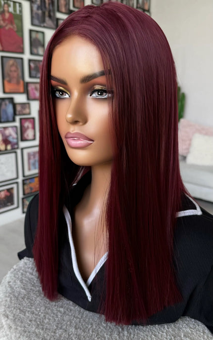 straight hair red wig, long bob length with middle part and easy to wear cap.