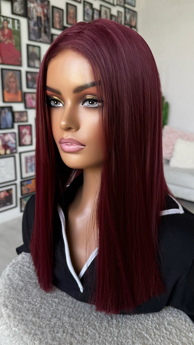 straight hair red wig, long bob length with middle part and easy to wear cap.