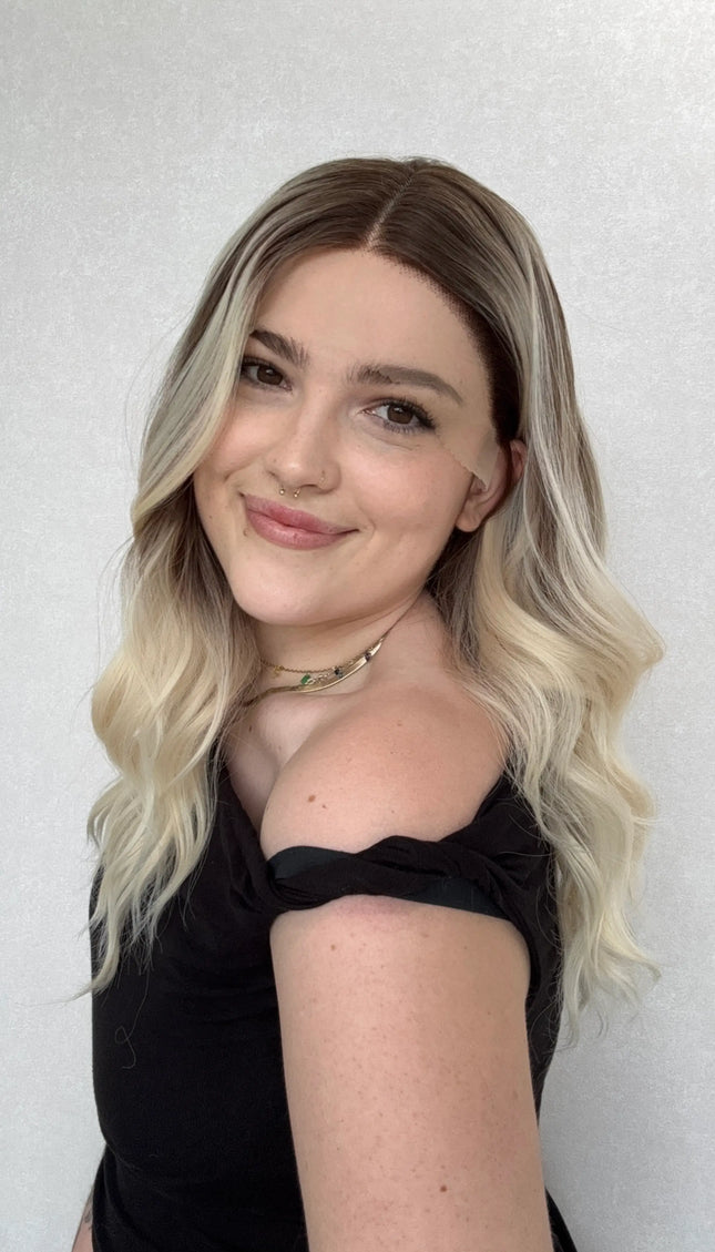 ash blonde with root, highlights, ombre.