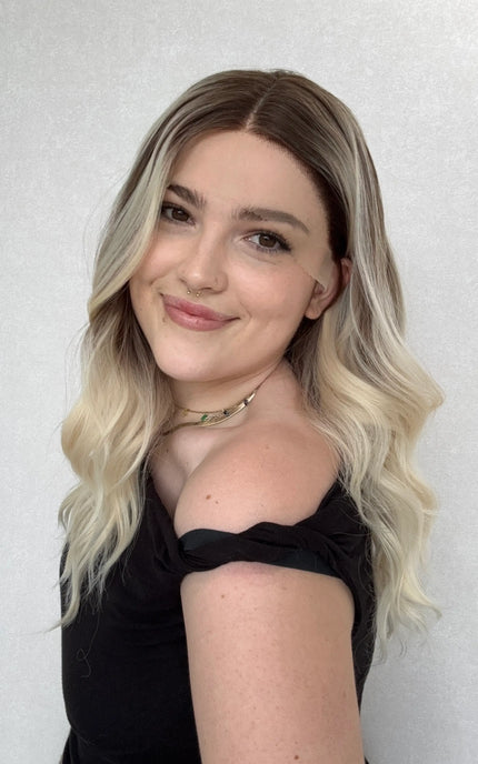 ash blonde with root, highlights, ombre.