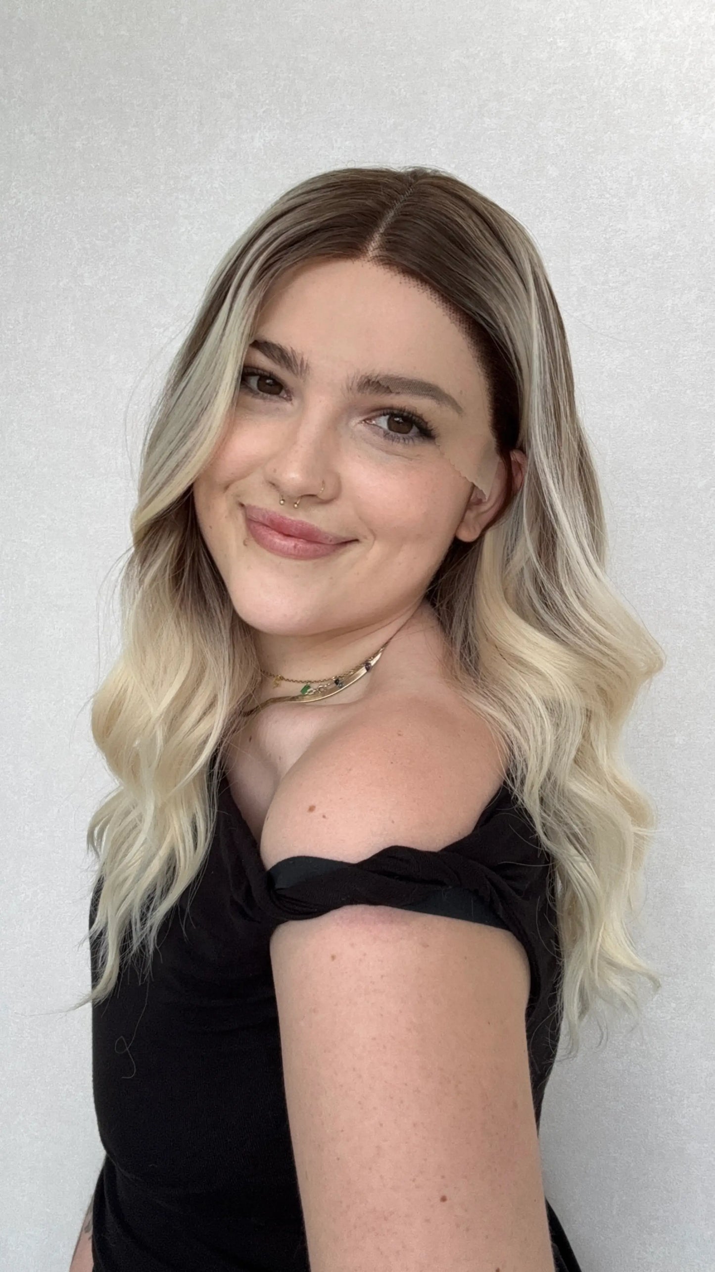 ash blonde with root, highlights, ombre.