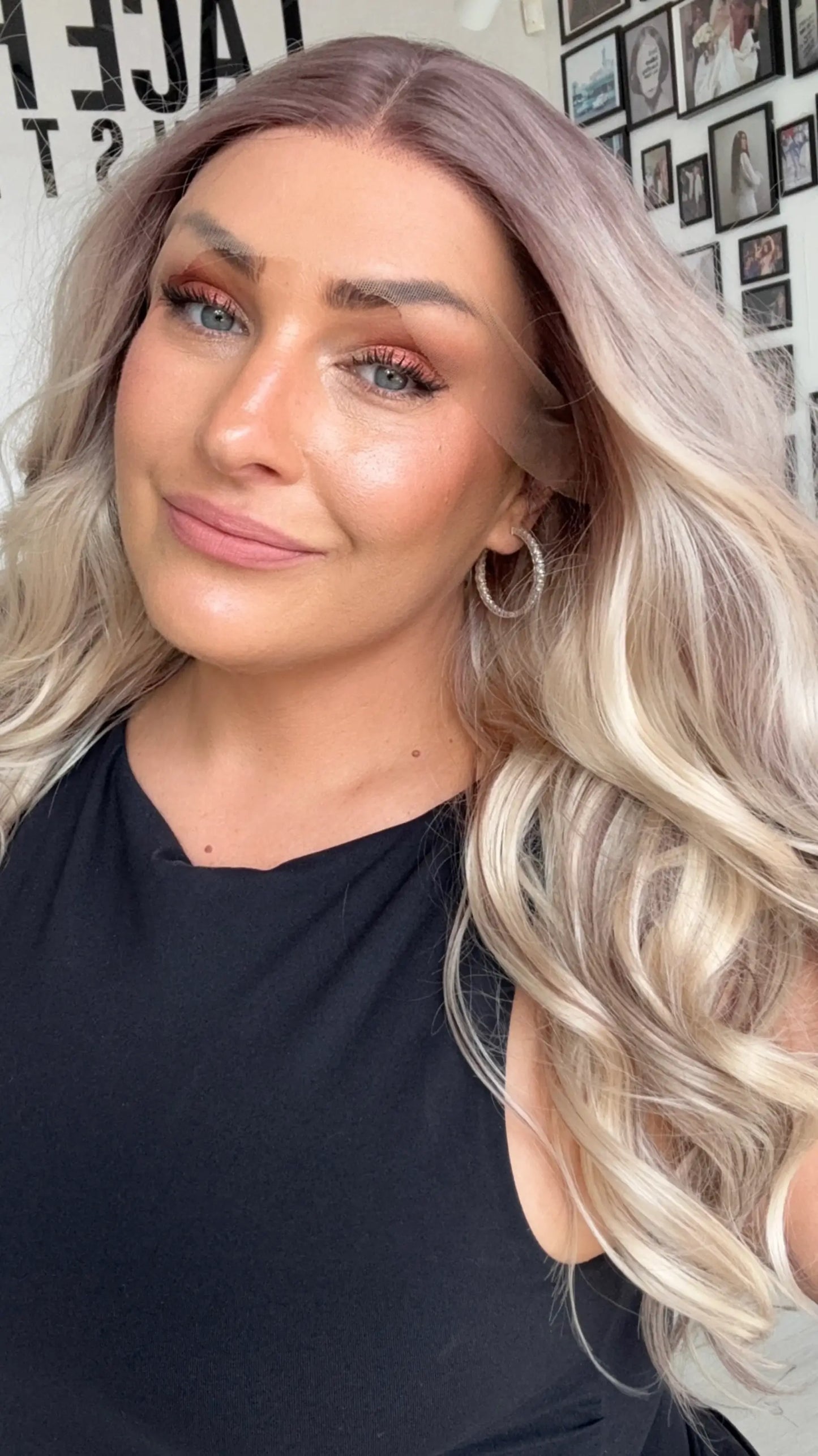 LACE wig front on view blone ash toned hair with gluless cap design.