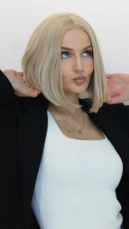 lacefront blonde bob synthetic, baby hairs, middle part 10-12 inch length.