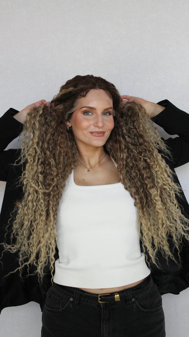Lacefront curly synthetic, heat safe hair, middle part, australia wigs.