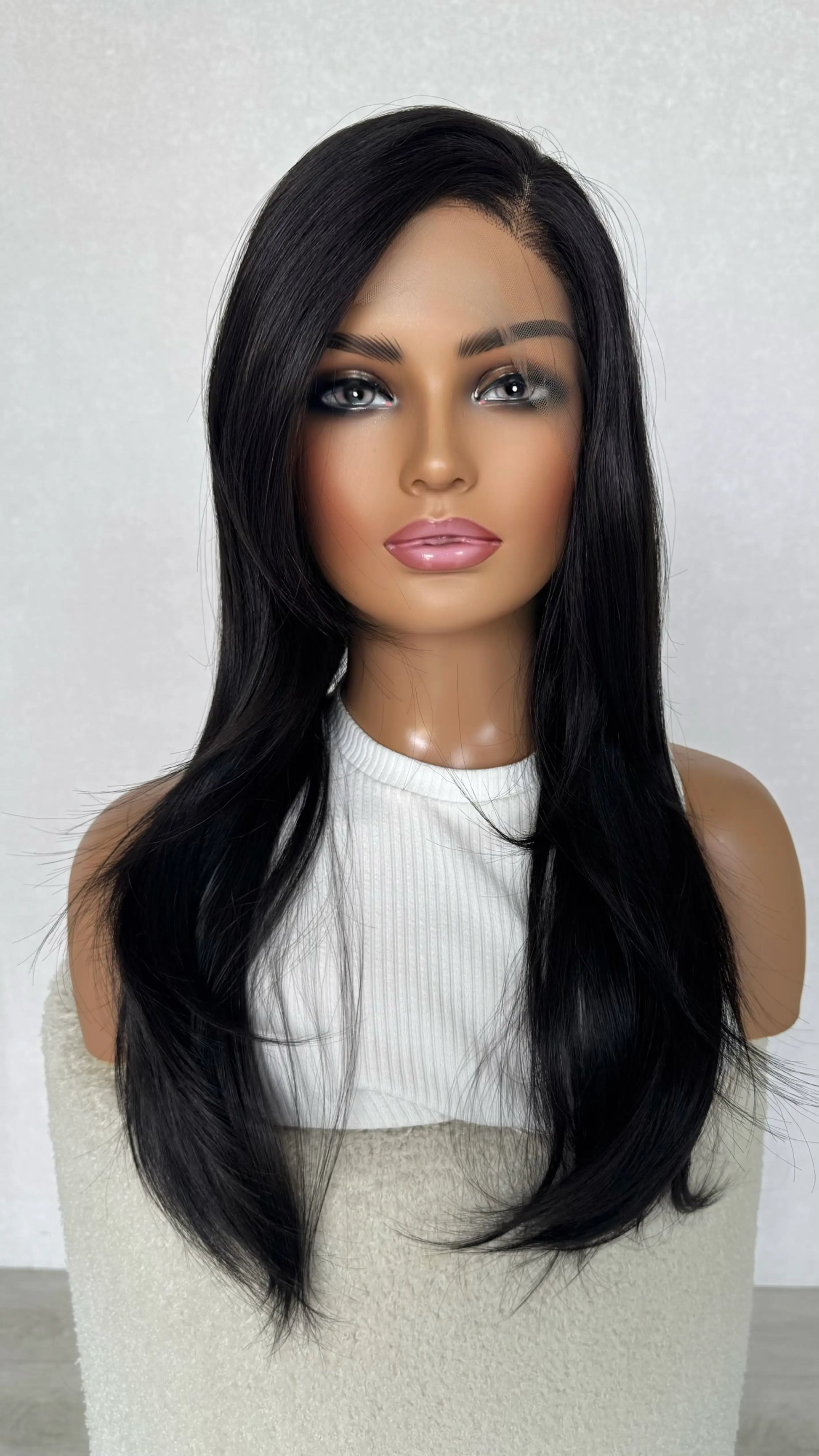 layered lacefront synthetic, side part with layers, 24 inch black hair.