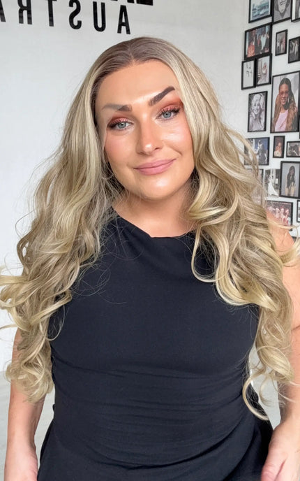 long length curly lacefront, hollywood curls, middle part with root shadow. 