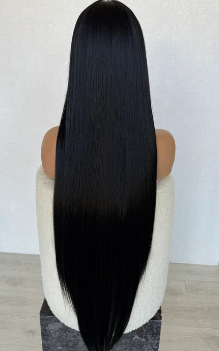 long black hair wig from back view 28-30 inch length hair, heat safe, glueless synthetic wig australia, black hair- salem.