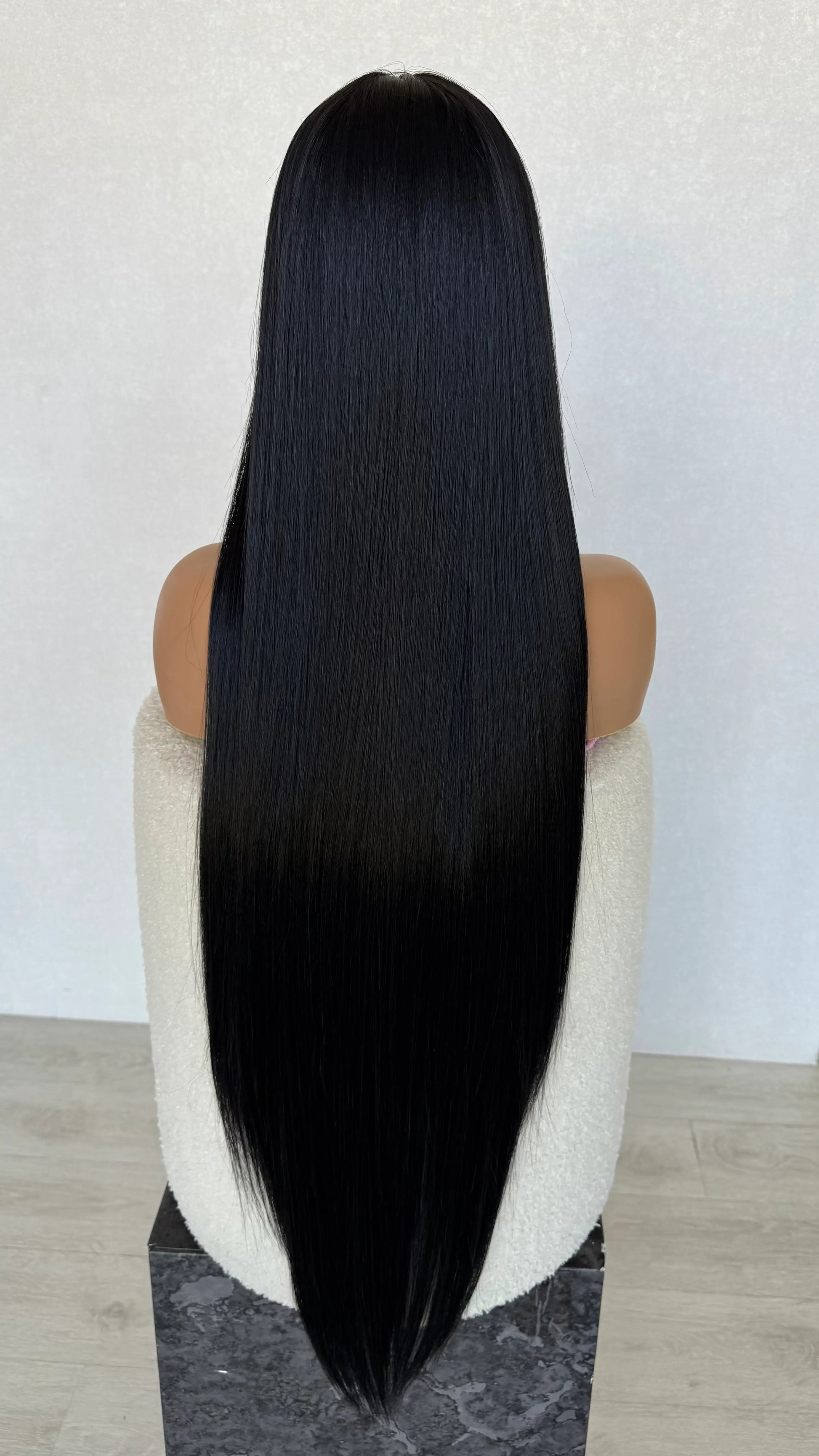 long black hair wig from back view 28-30 inch length hair, heat safe, glueless synthetic wig australia, black hair- salem.