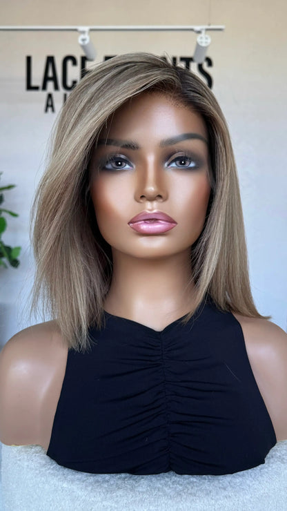 side part, dimensional blonde with root and highlights, natural hairline wig.