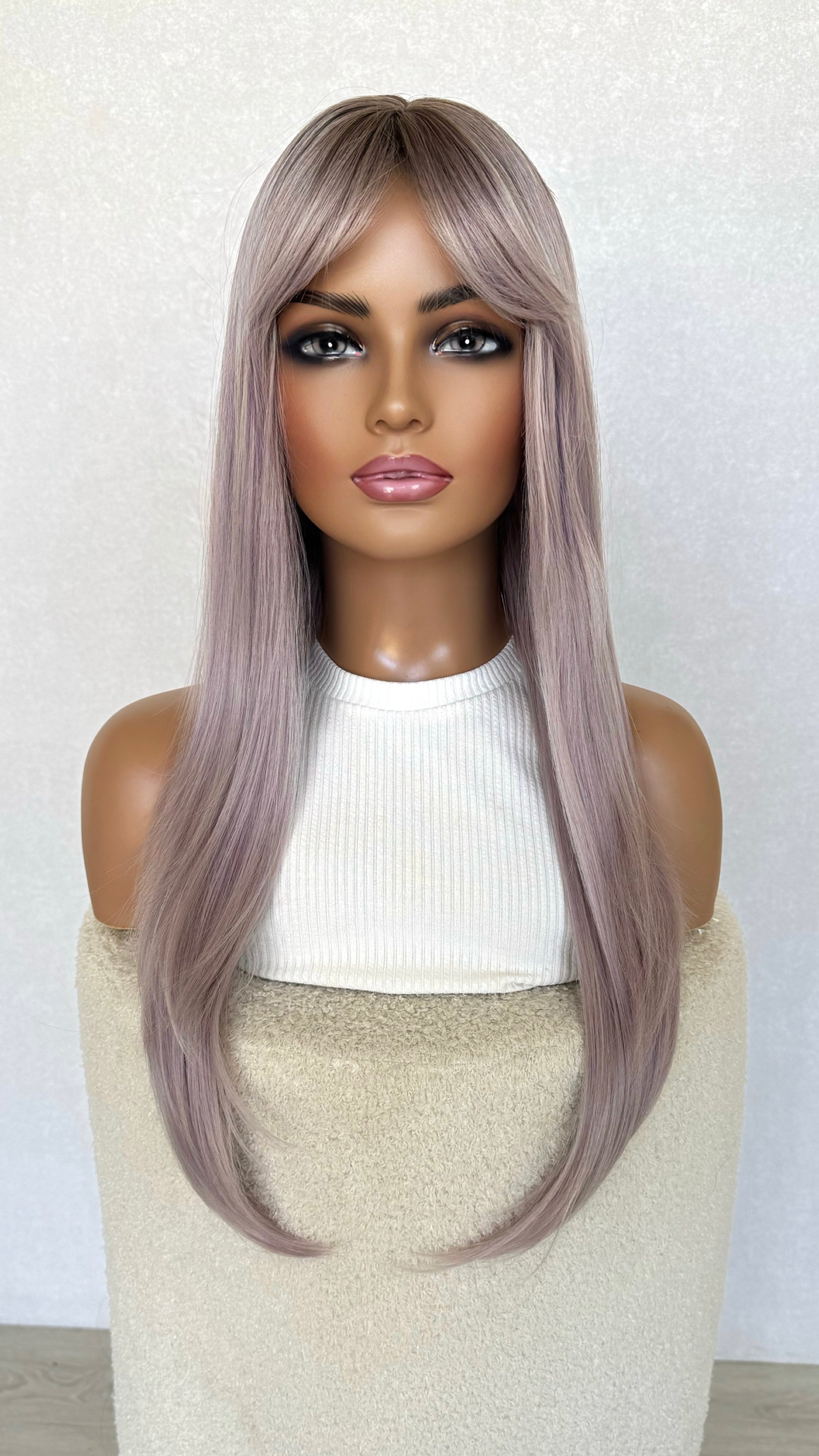heat safe synthetic hair, purple long fringe wig.