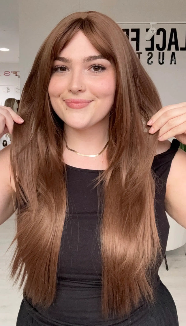 long layered chestnut brunette synthetic wig for beginners.
