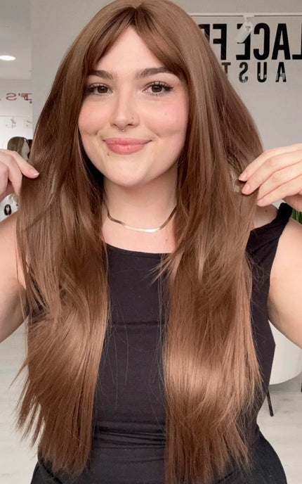 long layered chestnut brunette synthetic wig for beginners.