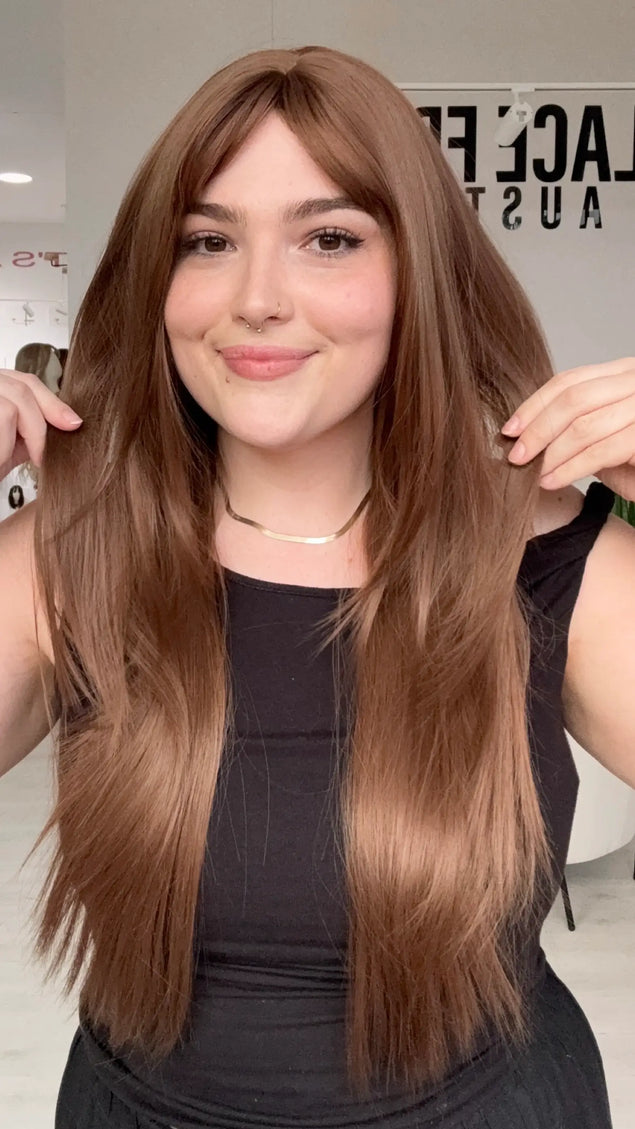 long layered chestnut brunette synthetic wig for beginners.