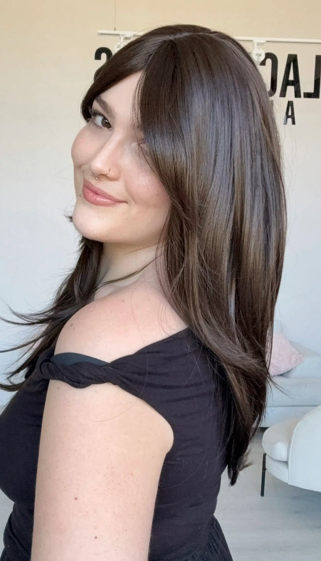 heat safe glueless synthetic wigs, middle part with curtain bangs, ready to wear synthetic wigs gold coast australia.
