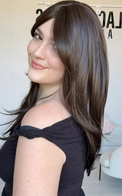heat safe glueless synthetic wigs, middle part with curtain bangs, ready to wear synthetic wigs gold coast australia.