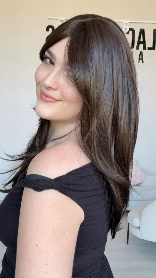 heat safe glueless synthetic wigs, middle part with curtain bangs, ready to wear synthetic wigs gold coast australia.