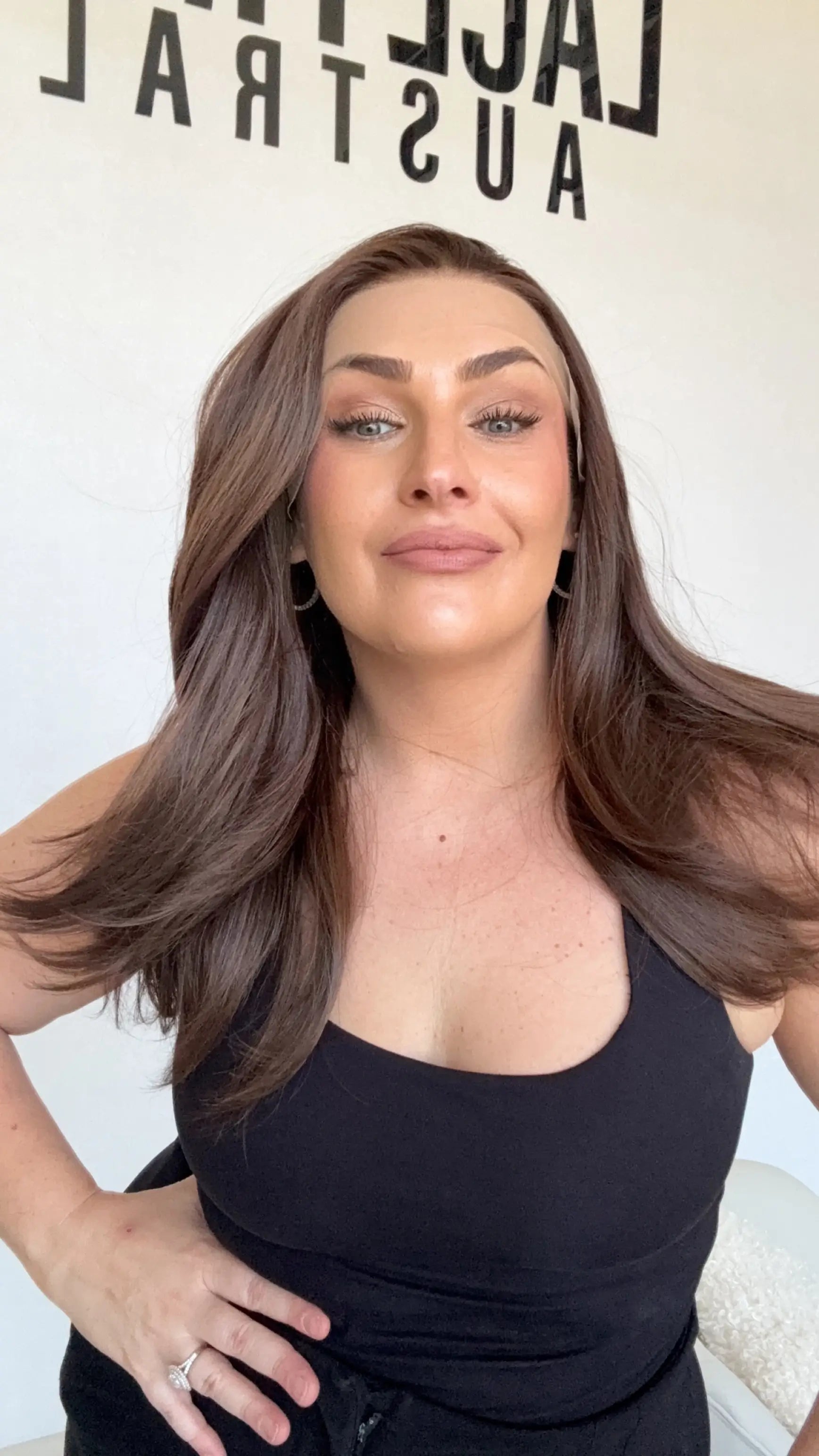 layered warm brunette lace front wig, heat safe and glueless, best synthetic wig australia.