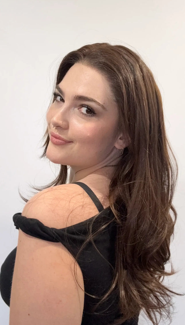 lace front synthetic wig, layered brown hair with warm highlights, heat safe and gluless wig, gold coast australia.