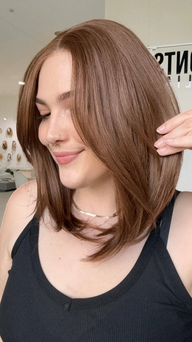 lace front nautral looking synthetic long bob wig with layers.