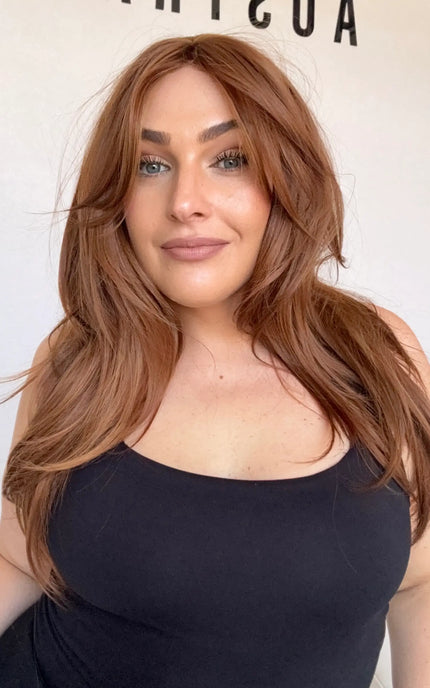 layered copper topper with curtain bangs and middle part, gold coast australia.