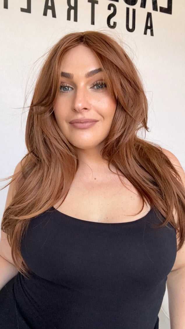 layered copper topper with curtain bangs and middle part, gold coast australia.