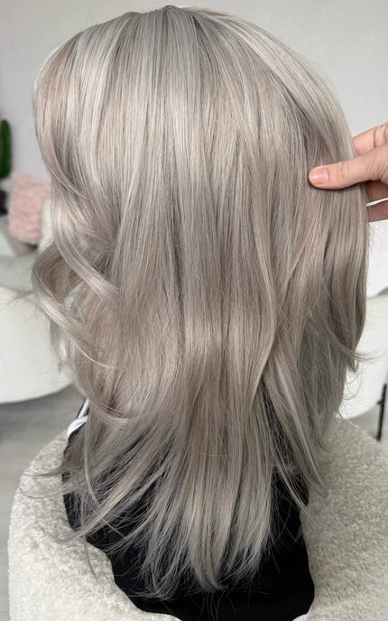 glueless silver fringe wig with realistic scalp, ready to wear wig.