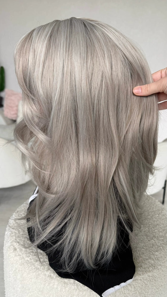glueless silver fringe wig with realistic scalp, ready to wear wig.