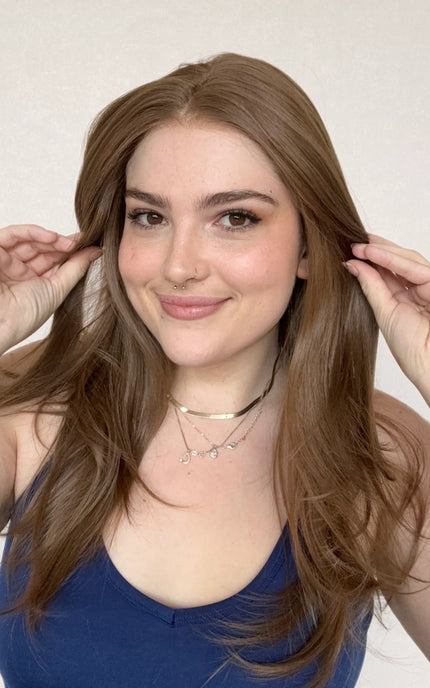 warm brown lace front wig, layered hair, middle parting, heat safe wig, glueless synthetic wig, gold coast, australia.