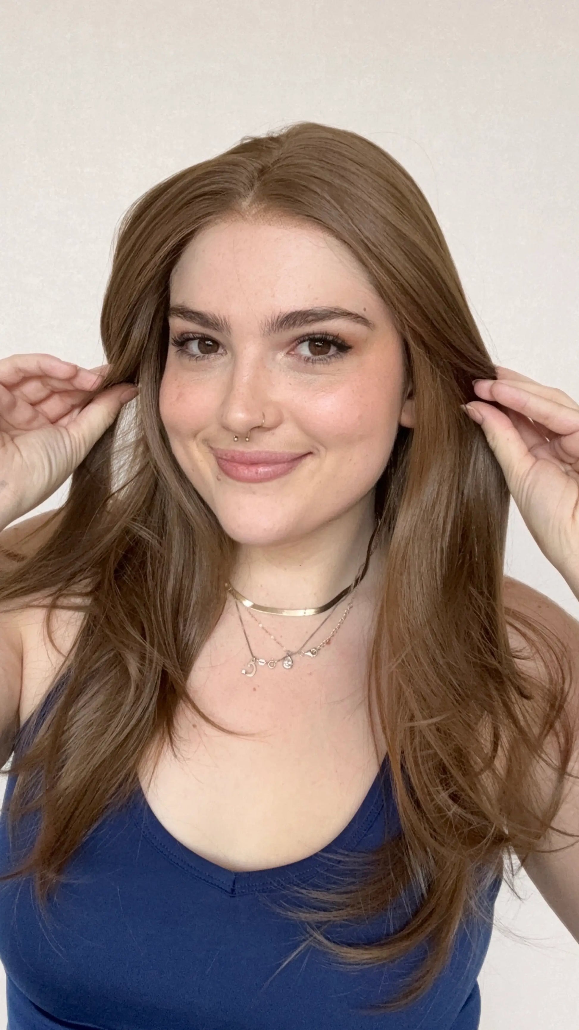 warm brown lace front wig, layered hair, middle parting, heat safe wig, glueless synthetic wig, gold coast, australia.