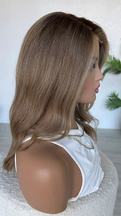 lacefront view side view, ombre hair with face highlights of blonde.