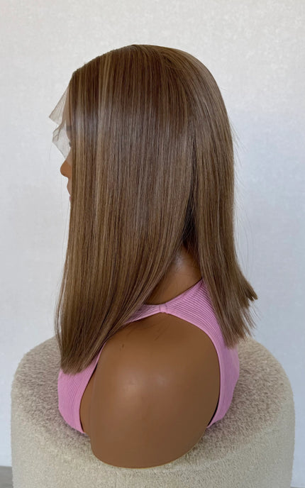 dark golden blonde lacefront wig side on view, long bob length, blunt cut