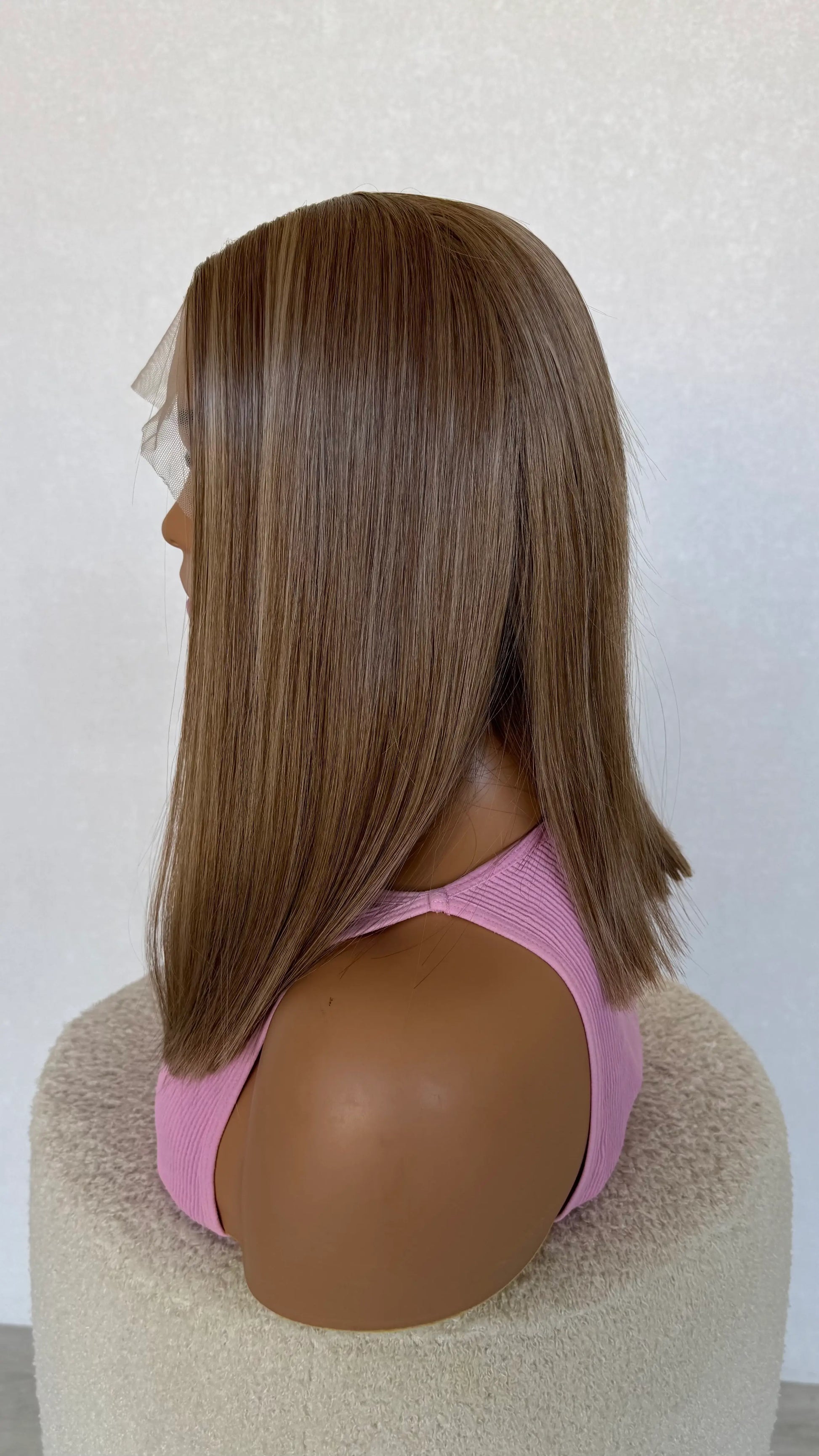 dark golden blonde lacefront wig side on view, long bob length, blunt cut