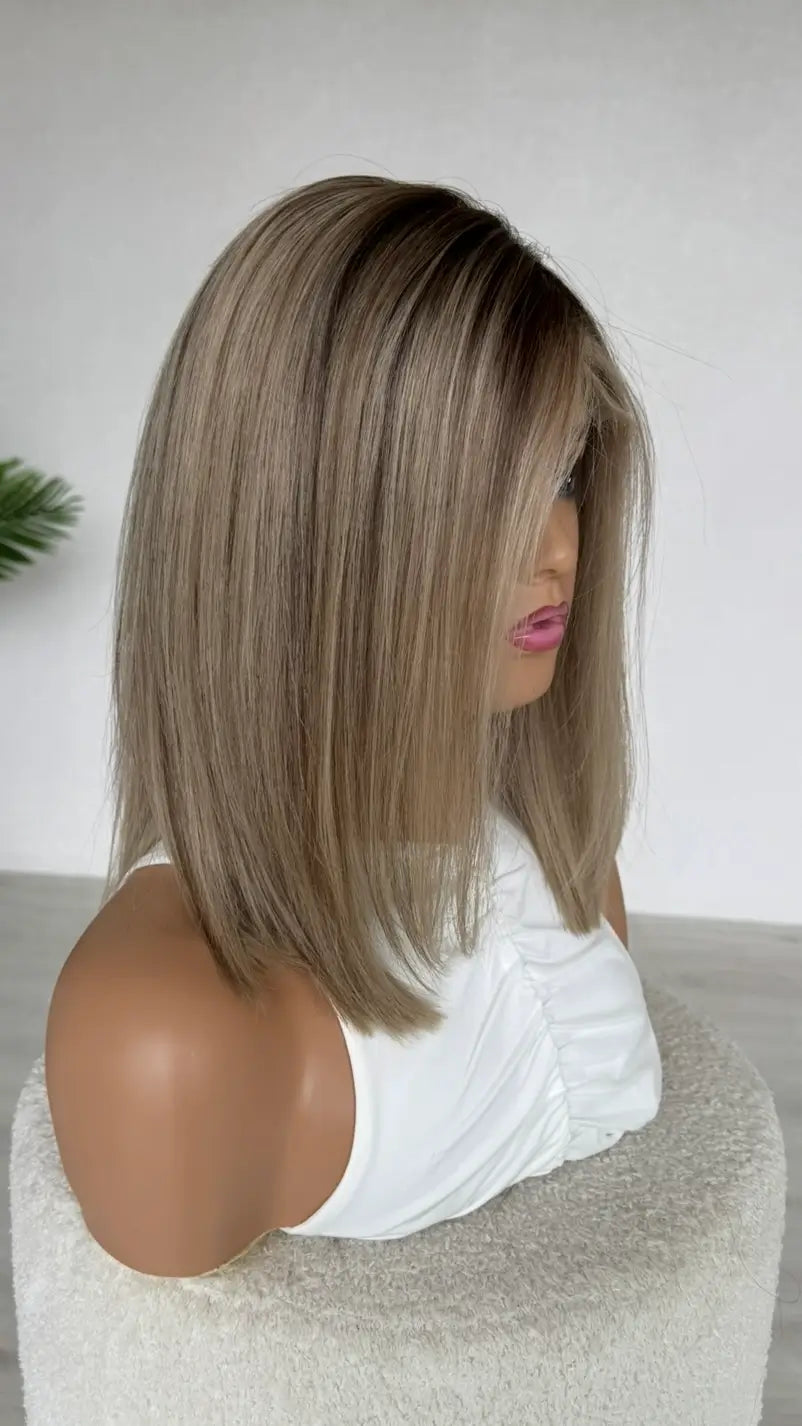 lacefront wig with dark root to ash blonde, wigs made in australia real hair wig.