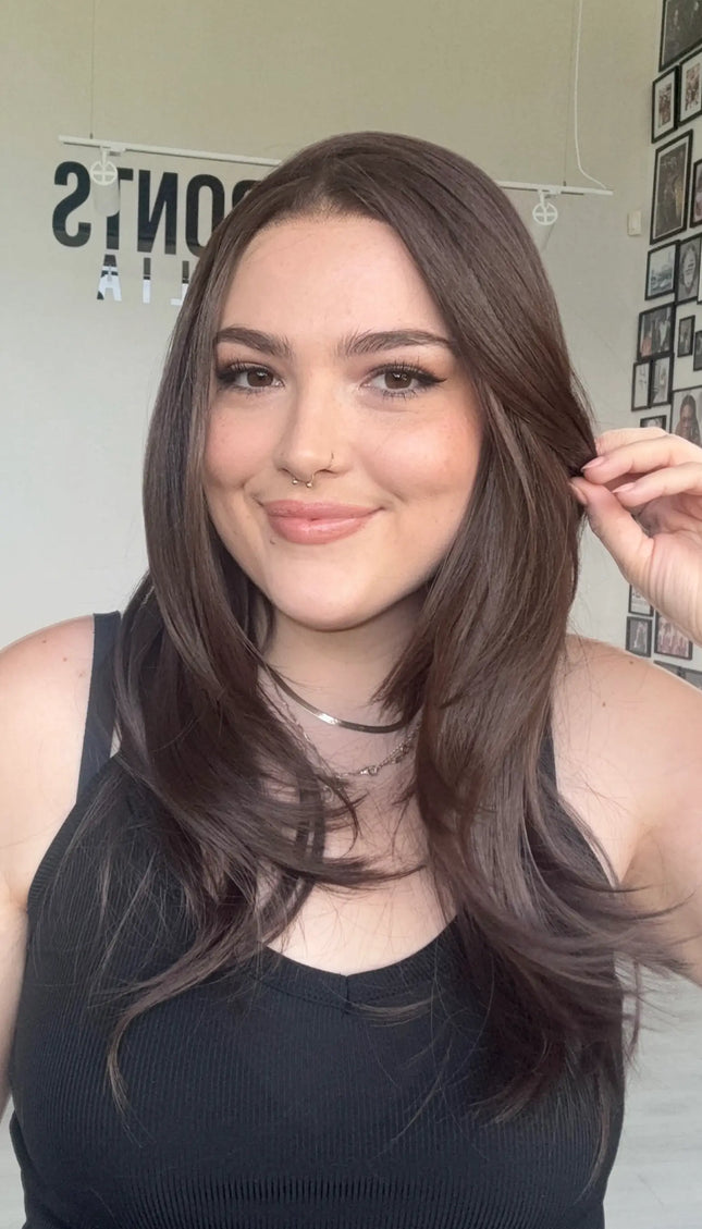 Medical Alopecia glue-less lace front, heat safe chocolate brown wig for hair loss. Lace hairline, natural synthetic wigs Australia. 