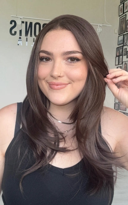 Medical Alopecia glue-less lace front, heat safe chocolate brown wig for hair loss. Lace hairline, natural synthetic wigs Australia. 