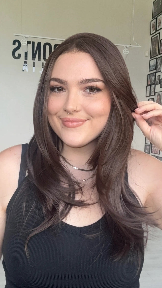 Medical Alopecia glue-less lace front, heat safe chocolate brown wig for hair loss. Lace hairline, natural synthetic wigs Australia. 