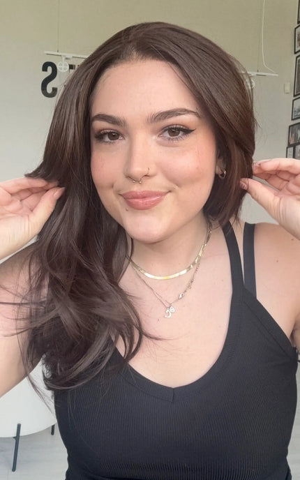 Layered, Free Parting, chocolate brunette lace front wig pushed over shoulder on one side 
