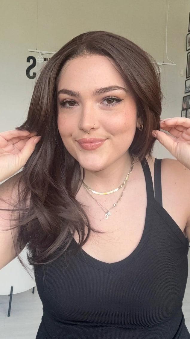 Layered, Free Parting, chocolate brunette lace front wig pushed over shoulder on one side 