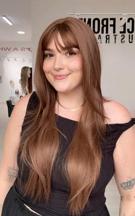 heat safe synthetic wig with layered chestnut hair and fringe. beginner wig cap.
