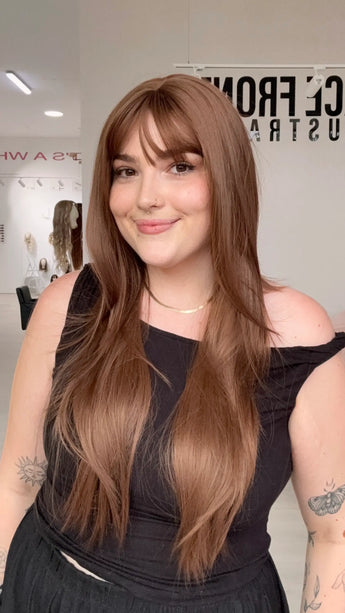 heat safe synthetic wig with layered chestnut hair and fringe. beginner wig cap.