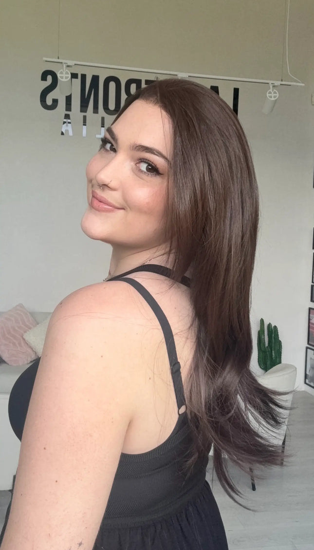 long chocolate brown lace front wig Australia, side view. Soft and natural Wigs for chemotherapy treatment. 