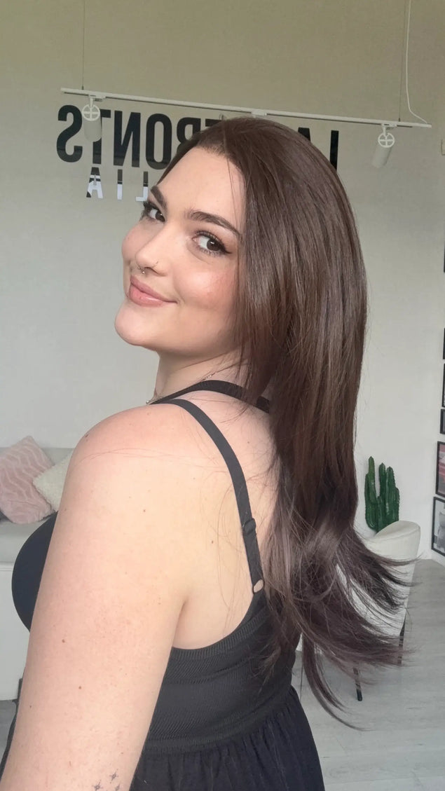 long chocolate brown lace front wig Australia, side view. Soft and natural Wigs for chemotherapy treatment. 