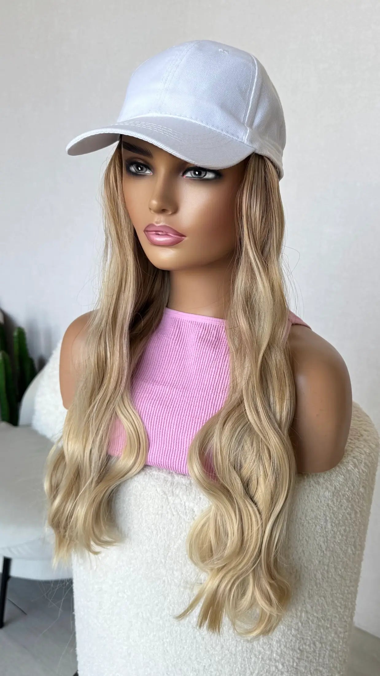 light blonde creamy wavy synthetic hair hat wig australia.