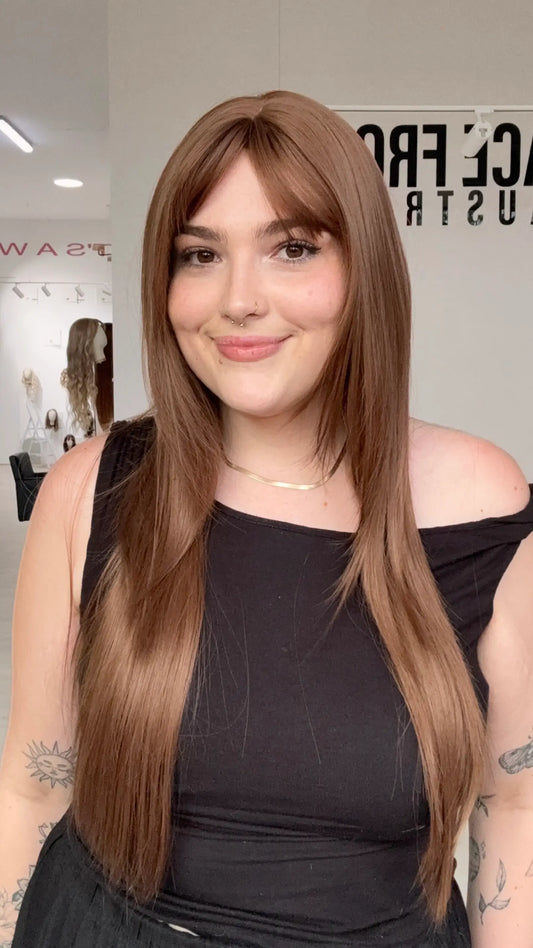 light weight chestnut brown layered hair synthetic wig, gold coast australia.