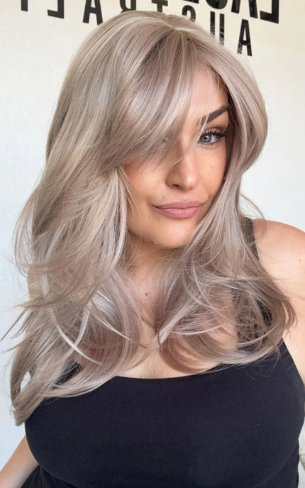 curtain bang synthetic wig, heat safe hair, lilac toned.