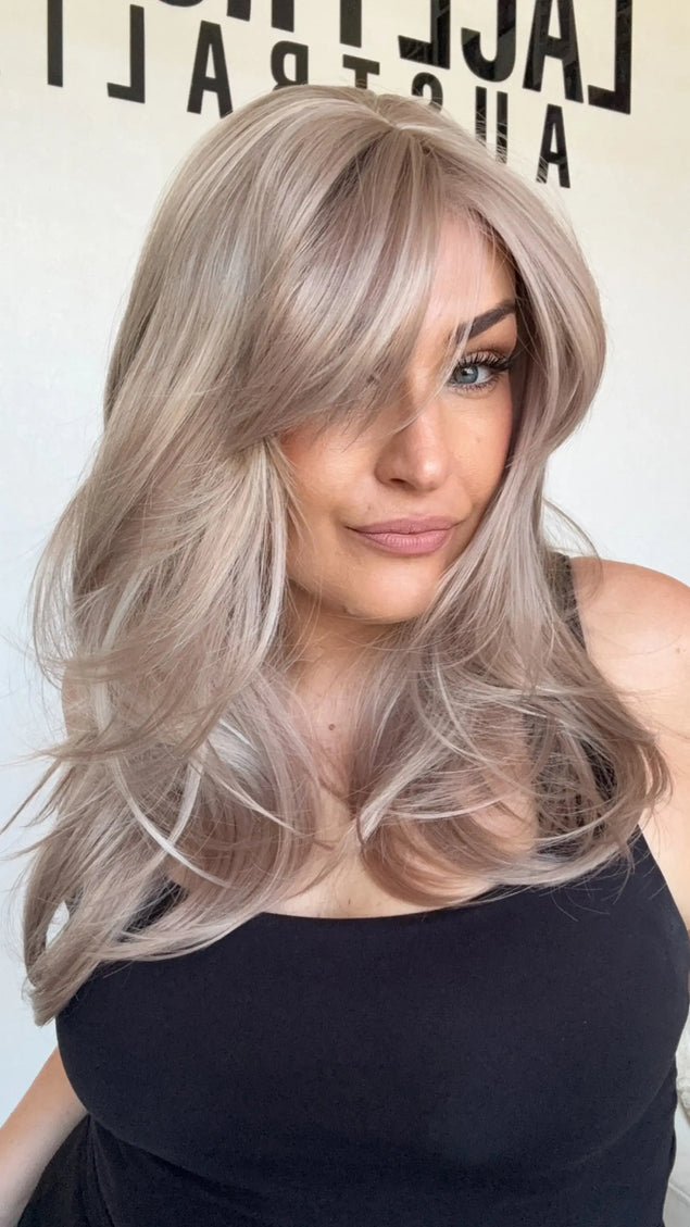 curtain bang synthetic wig, heat safe hair, lilac toned.