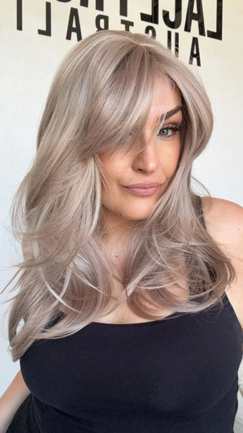 curtain bang synthetic wig, heat safe hair, lilac toned.
