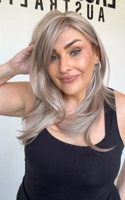 heat safe, glueless synthetic, middle part with layers, lilac toned hair.